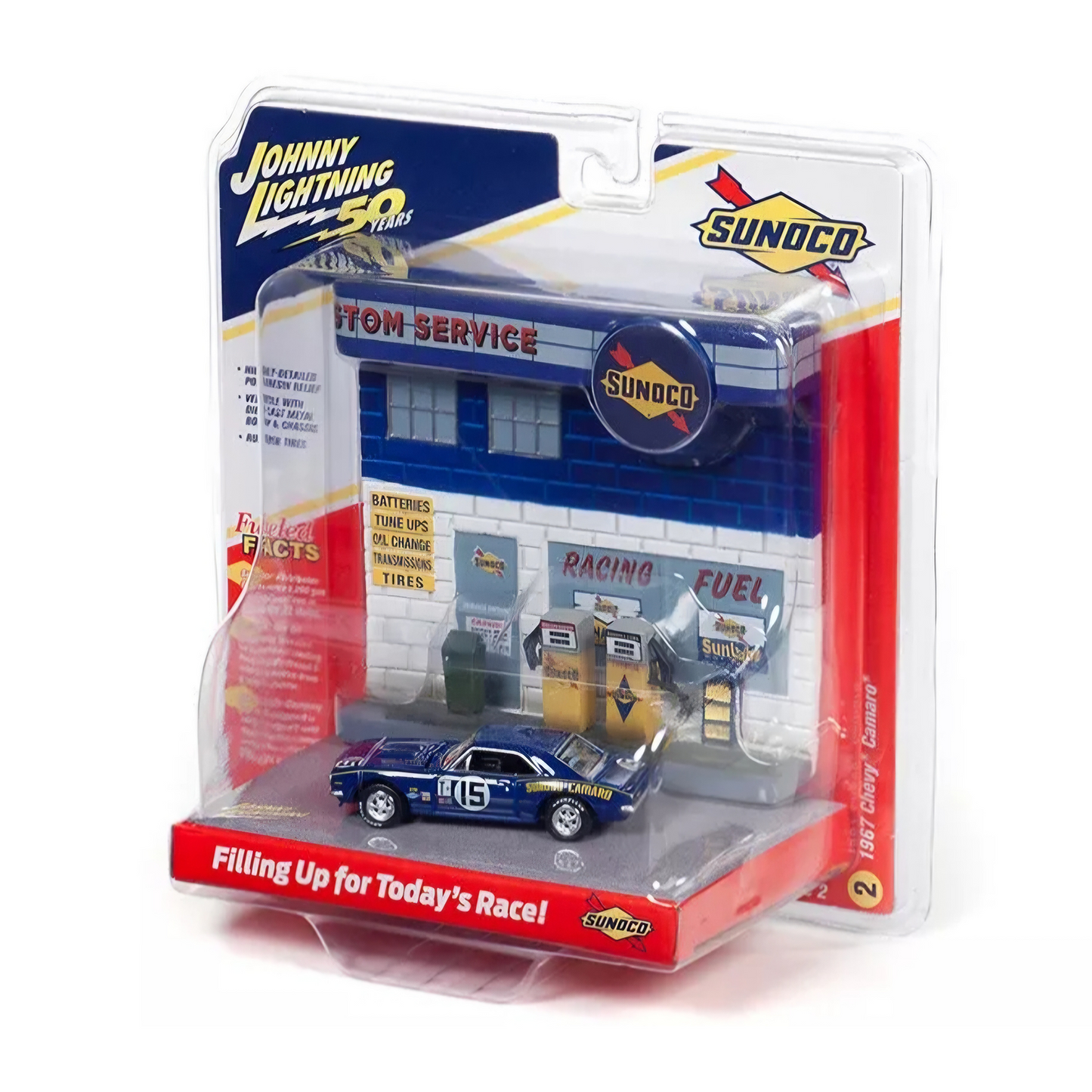 Johnny Lightning Diorama – 3D Sunoco Filling Up For Today’s Race! 1967 Chevrolet Camaro