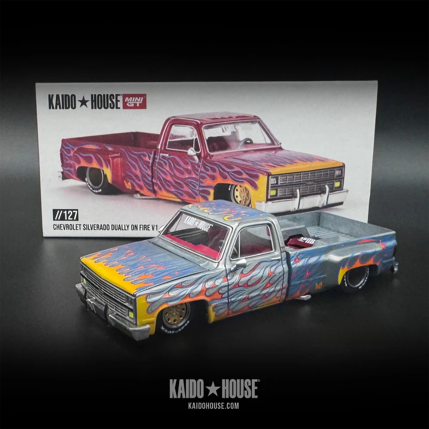 Kaido House X Mini GT Chevrolet Silverado Dually on Fire V1 - Chase