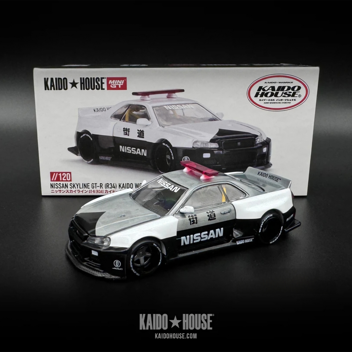 Kaido House X Mini GT Nissan Skyline GT-R R34 Kaido Works (V2 Aero) Police - Chase